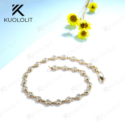 Kuololit Moissanite Chain Bracelets for Women Solid 585 14K 10K Yellow Gold Bezel set Bracelet for Romantic Engagement Group Buy